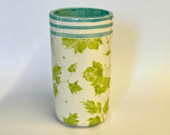 Whimsical Lime & Aqua pottery Vase home decor, ceramic hand-painted colorful floral