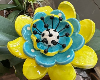 WhiMSicaL turquoise & chartreuse ceramic Garden Flower Stake-- colorful pottery yard art