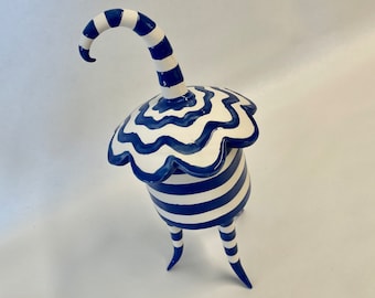 funky cool pottery Dream Jar with Blue & White stripes top to bottom and polka-dots