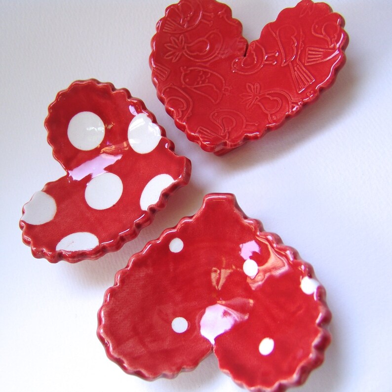 3 piece set with Love Birds candleholder soap dish polka-dot ceramic ring dish set Love Birds pottery Heart Dishes