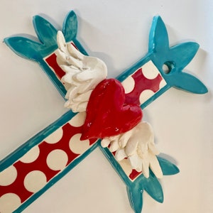 Bright Red & aqua turquoise ceramic Cross with Sacred Heart, Mexican Folk art, tattoo heart