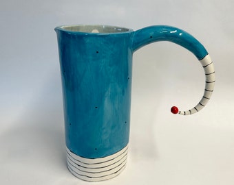 BIG colorful whimsical pottery Pitcher / deep Turquoise with crazy curly stripes and Big handle