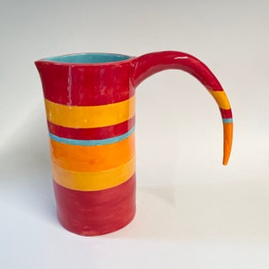Bright colorful ceramic Pitcher red & tangerine Summer Stripes w/ whimsical handle