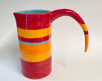 Bright colorful ceramic Pitcher red & tangerine Summer Stripes w/ whimsical handle