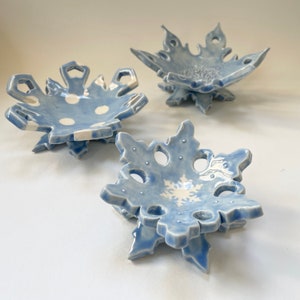 Ice Blue ceramic Snowflake candle holder, soap dish, jewelry dish, set of 3 image 8