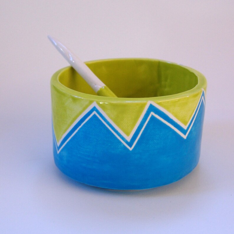 condiment dish Salt Dish chevron pattern whimsical pottery Sugar Bowl w handmade ceramic spoon red /& turquoise