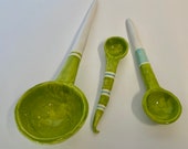 Lime green, turquoise White ceramic Serving Spoons, set of 3, whimsical pottery serving spoons