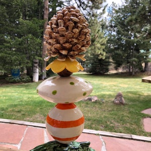 whimsical ceramic Garden Totem Colorado Pinecone & Rainbow Trout