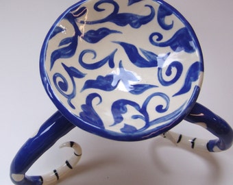 Delft Blue pottery Candleholder with curly black & white stripe feet :) Baroque floral pattern, tall legs