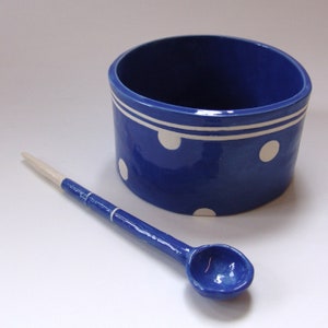 whimsical pottery Sugar Bowl w/ handmade ceramic spoon, Delft Blue polka-dots, salt dish, serving