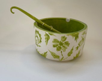 Big lime green ceramic serving bowl with Whimsical spoon