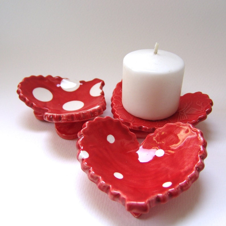 3 piece set with Love Birds candleholder soap dish polka-dot ceramic ring dish set Love Birds pottery Heart Dishes