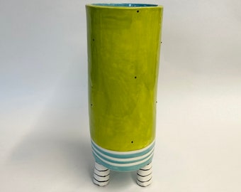 pottery Vase, bright Lime Green w/ tootsie roll stripe feet