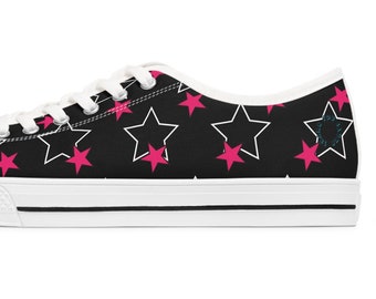 Women&#39;s Black Chucks, Pink and White Stars Sneakers, Trendy Footwear, Star Pattern Shoes, Stylish Low Top Sneaker, Star Chucks, Girly Chucks