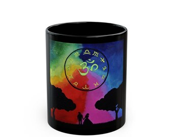 Spiritual Black Mug, Yoga Lover Gift, Meditation Mug, Sacred Geometry Cup, Colorful Art for Mindfulness
