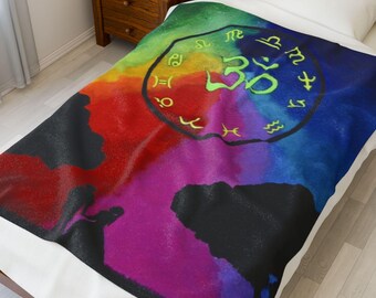 Velveteen Plush Blanket, Love Couple Colourful Om Zodiac Astrology, Cozy Home Decor Throw, Meditation Gift, Boho Bedding, Spiritual Blanket