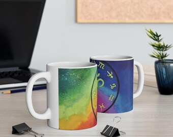Chakra Ceramic Mug, Colorful Astrology Tea Cup, Spiritual Gift for Yoga Lovers, Meditation Mug, Zodiac Coffee Cup