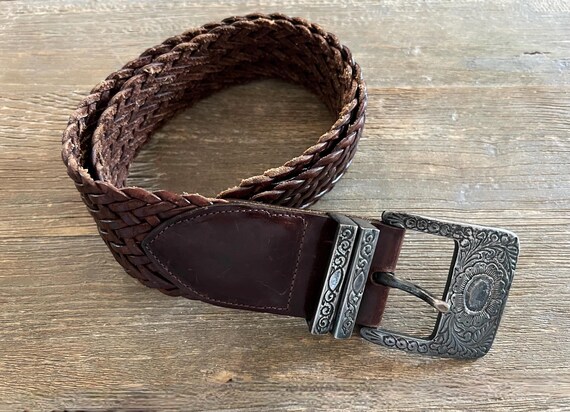 Vintage Western Ornate Sterling Silver Buckle Braided Leather Belt Southwestern Vintage Western Ornate Sterling Silver Buckle Braided  main image 3