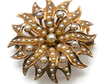 Antique Victorian 10K Yellow Gold and Pearl Sunburst En Tremblant Brooch - Trembler - 1 Inch - 4.1 Grams - Rare #f186
