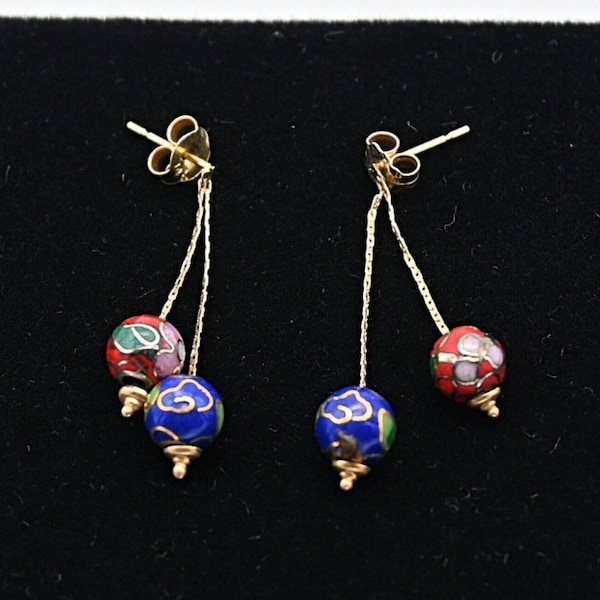 Vintage Jacmel 14K Yellow Gold, Red and Blue Cloisonne Bead Pierced Earrings - Double Dangle - C Link Chains - Floral - 2.2 Grams #d765