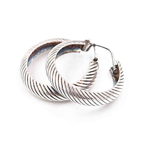 Vintage Milor Italy Sterling Silver Diagonal Lines Hoop Pierced Earrings - 1 Inch Hoops #c672