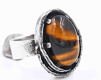 Vintage 830 Silver and Tiger Eye Modernist Statement Ring - Sculptural - Size 6 1/2 #c163