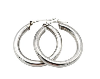 Vintage Italy Sterling Silver Hoop Pierced Earrings - Smooth - Tube Shaped - 1 Inch Hoops #d836