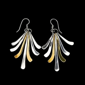 Vintage Taxco Sterling Silver and Brass Dangle Pierced Earrings -Long Flared Dangles - Mixed Metals - Mexico #d796