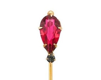 Antique 10K Yellow Gold Two-Stone Glass Stickpin - Pear Shape - Ruby Red and Sapphire Blue Glass #d749