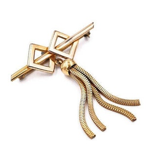 Vintage Forstner 12K Gold Filled Bar Pin Tassel Brooch Pin - Double Diamond  - Snake Chains #c665