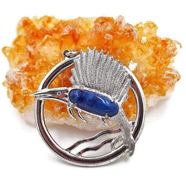 Vintage Otis Sterling Silver and Blue Sodalite Flying Sailfish Pendant #b660