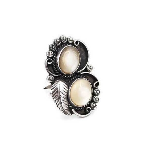 Vintage Navajo Sterling Silver and White Mother of Pearl Two Stone Statement Ring - Glenn & Irene Sandoval - Size 5 3/4 #c938