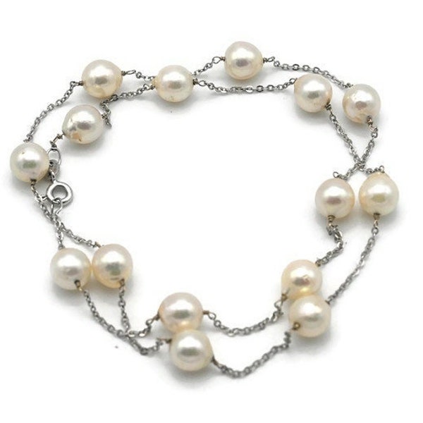 Vintage UnoAErre 14K White Gold & White Baroque Pearl Station Necklace - Italy - 7mm Pearls - 18 Inches - 10.3 grams #d651