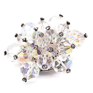 Vintage Mid Century Silver AB Crystal Bead and Rhinestone Starburst Cluster Brooch  #d163