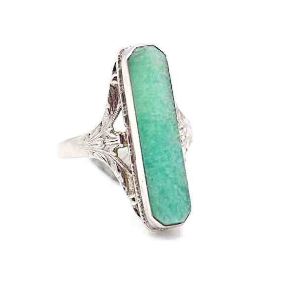 Vintage Belais Art Deco 10K White Gold and Green Amazonite Ring - Size 5 3/4 - 2.9 Grams  #d218