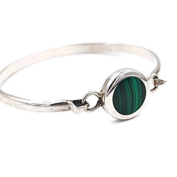 Vintage Taxco Sterling Silver Green Malachite Hinged Hook Bangle Bracelet #c796