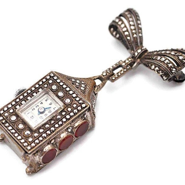 Vintage Art Deco Bucherer Silver, Marcasite and Red Carnelian 17 Jewels Lantern Light Watch Brooch - Rare Design - Runs!  #d179
