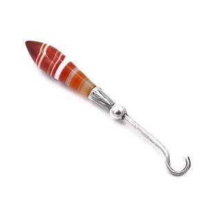 Antique Victorian Sterling Silver Carnelian Banded Agate Button Hook - Birmingham - 1897 #b922