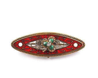 Antique Edwardian Red Enamel and Rhinestone Shamrock Bar Pin Brooch - Gilded #b771