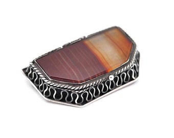 Vintage Taxco Sterling Silver and Banded Agate Brooch Pill Snuff Box Combo - Signed - Eagle 3 - Rare! #d274