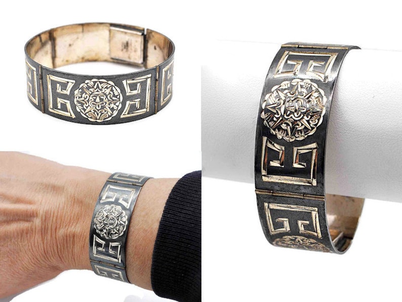 Vintage Mexico Sterling Silver Mayan Sun God Hinged Panel Link Bracelet Black Niello 7 12 Inches #d297 Geometric