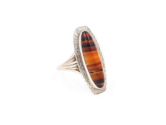 Vintage Art Deco 10K White Gold & Montana Agate Ring - Chased - Banded Agate - Semi-Translucent - Size 6 - 3.4 Grams #c718