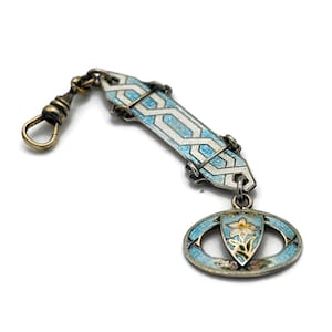 Antique Art Nouveau Sterling Silver and Guilloche Enamel Watch Fob Chain - Signed Richard Hemsley - Lily Flower #d648