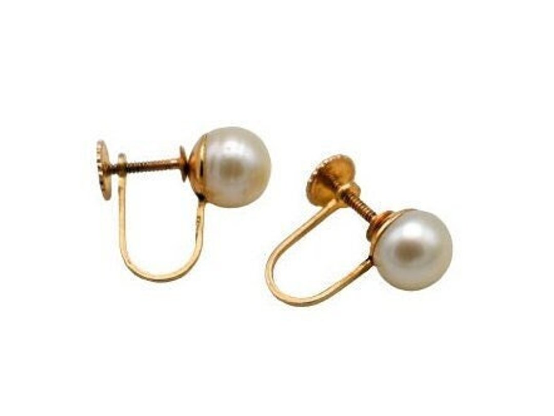 14K Solid Yellow Gold Genuine White Pearl Stud Earrings Screw Back