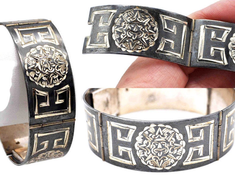 Vintage Mexico Sterling Silver Mayan Sun God Hinged Panel Link Bracelet Black Niello 7 12 Inches #d297 Geometric