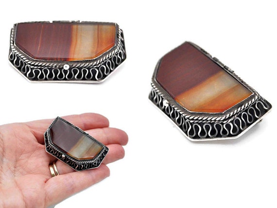 Vintage Taxco Sterling Silver and Banded Agate Br… - image 2