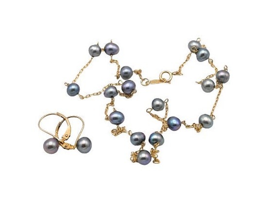 Vintage 10K Yellow Gold Blue Gray Pearl Station N… - image 3