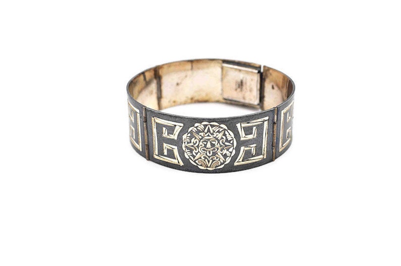 Vintage Mexico Sterling Silver Mayan Sun God Hinged Panel Link Bracelet Black Niello 7 12 Inches #d297 Geometric