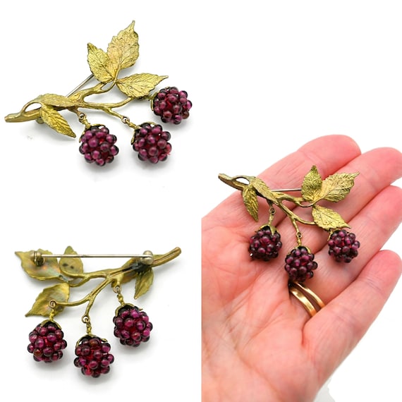 Vintage Red Garnet Raspberry Cluster Dangle Brooc… - image 2