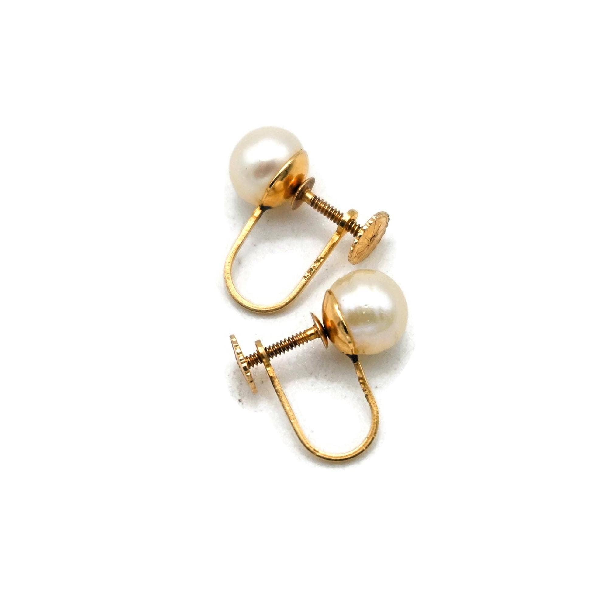 Boucles D'oreilles Vintage à Vis Avec Petite Perle Blanche - Bijou Ancien En Bon état